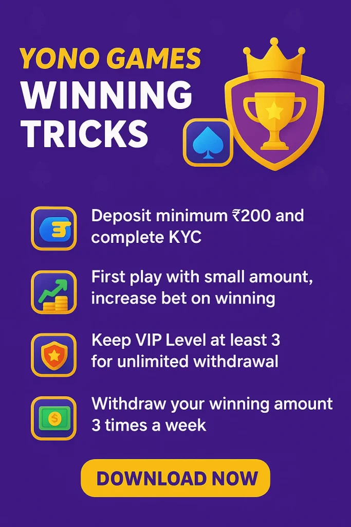 Yono Games App Winning Tricks - Play Smart, Win Big 1 Yono Games App Player applying winning tricks in Yono Games App with Rummy, Slots, and Teen Patti icons on mobile screen